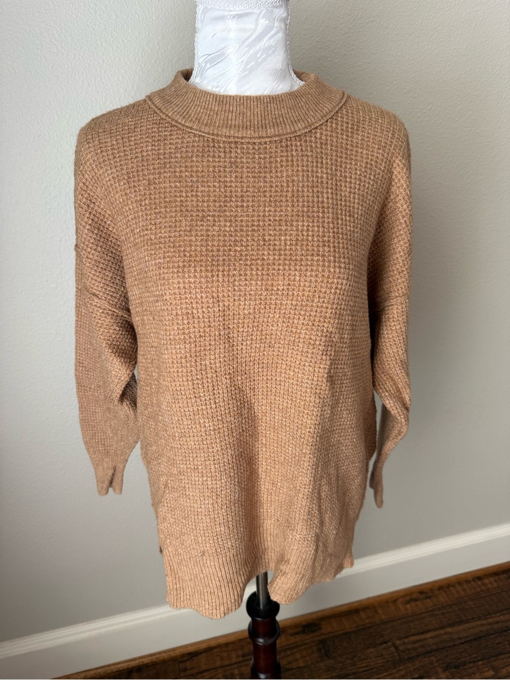 aerie Camel Waffle-Knit Crew Sweater